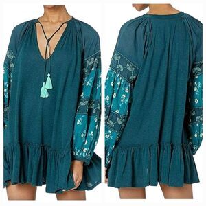 FREE PEOPLE Teal Boho Mini Dress Tassel Tie Floral Sleeves